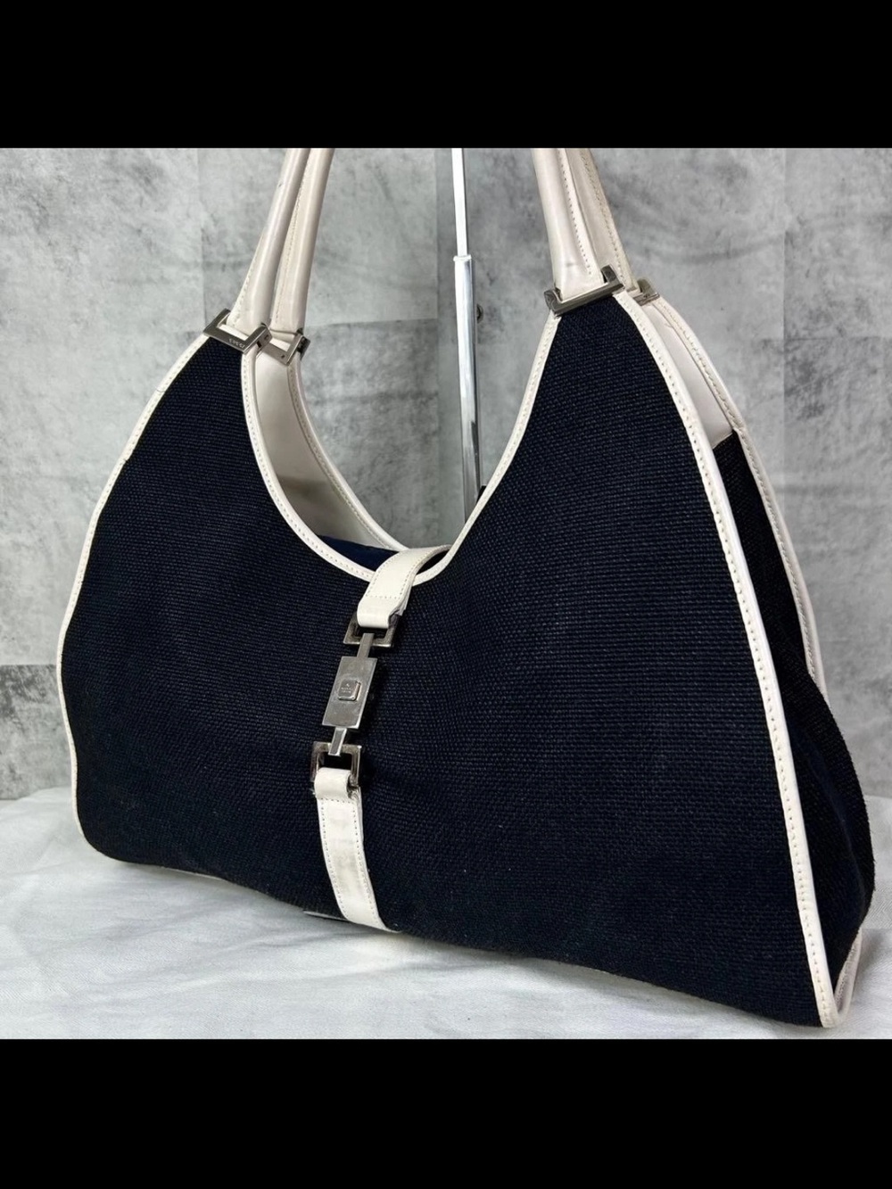 Gucci Navy Canvas Shoulder Bag with White Trim